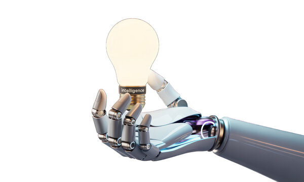 Robot hand holds a glowing lightbulb; black background, bright idea concept