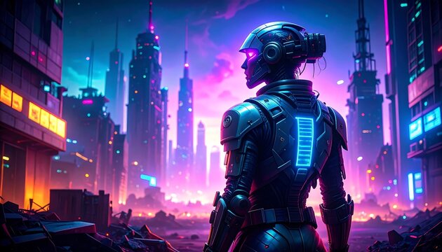 A futuristic cityscape unfolds, showcasing a figure in advanced armor, bathed in vibrant neon hues.