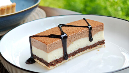 Tiramisu cake chocolate in white plate