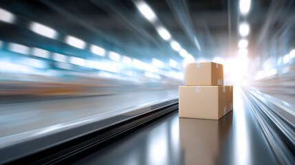 Fast delivery concept with cardboard boxes in motion. This image reflects the speed and efficiency of shipping services. Perfect for logistics and e-commerce visuals. AI