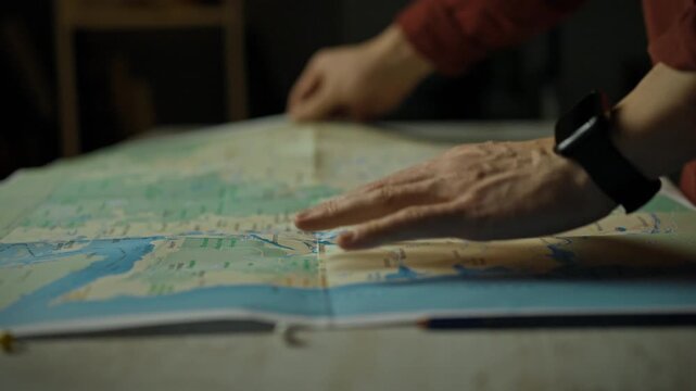 A person intently examines a large map spread out on a table, indicating detailed planning for an upcoming journey. Soft indoor lighting creates a relaxed atmosphere