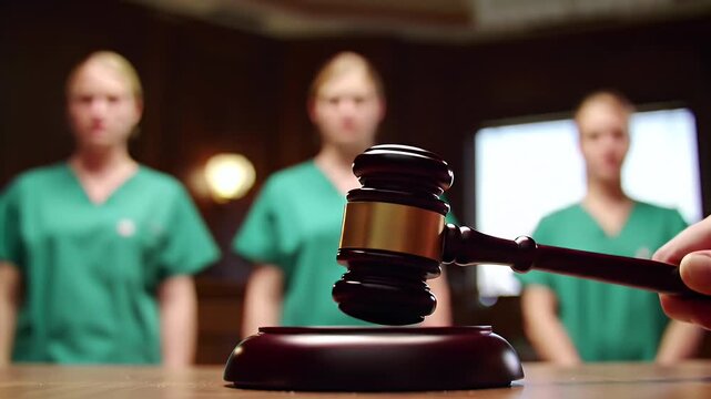 Gavel strikes sounding block in front of medical professionals to symbolize verdict in malpractice case during trial