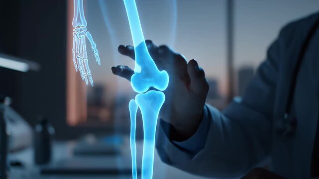 Doctor analyzing hologram of leg bones and knee joint in modern clinic during medical consultation