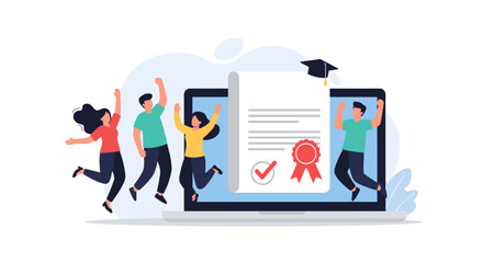 Digital education achievement celebration illustrating online learning success and graduation with happy students and certificate displayed on a laptop screen