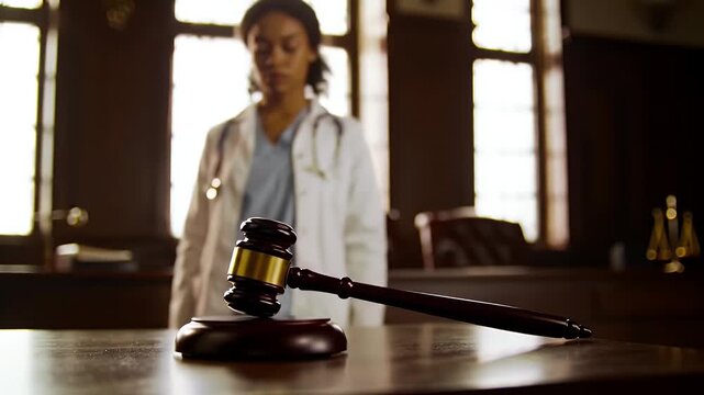Doctor stands sadly behind gavel on desk in courtroom during a medical malpractice case