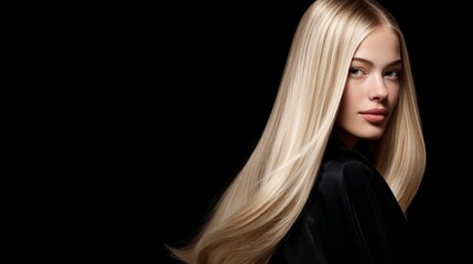 Naklejka premium A stunning portrait of a woman with long, sleek blonde hair. Her graceful pose and soft expression create a sense of elegance. Ideal for beauty and fashion themes. AI