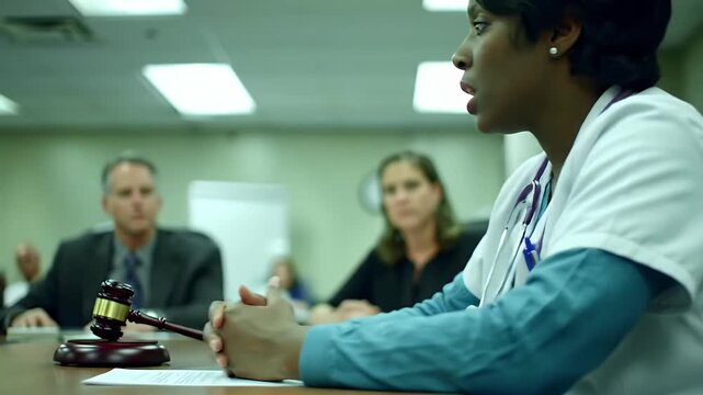 African American doctor testifying about medical malpractice case with gavel on table during hearing