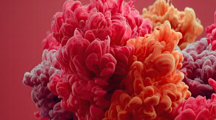 Vibrant hues of color mixing in swirling patterns against a deep crimson backdrop.