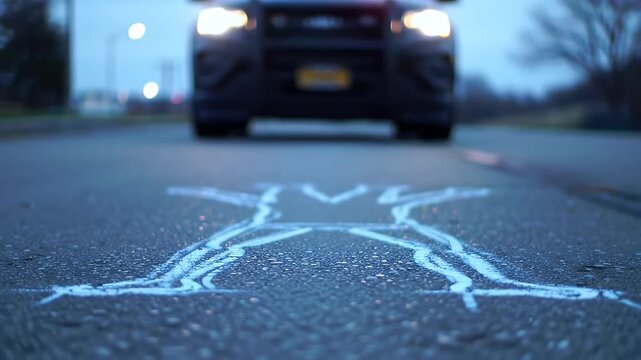 Police investigate chalk outline of victim near patrol car on asphalt road at dusk