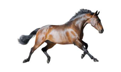 Glossy brown horse galloping with flowing mane and tail on a black background
