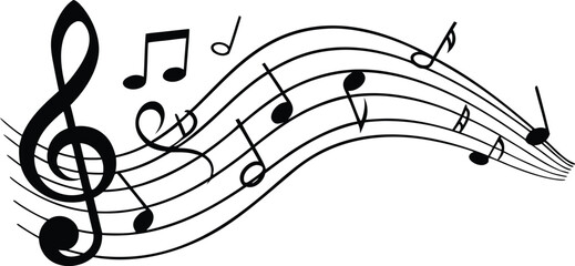 Elegant black and white musical staff with treble clef and flowing notes creating a dynamic melody line