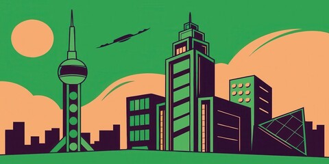 city skyline at sunset 