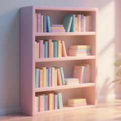 Pastel bookshelf filled with colorful books offers a cheerful and inviting reading nook aesthetic
