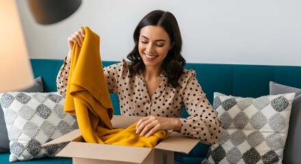 Happy woman unpacking new clothing from online shopping delivery box at home, satisfied with her purchase and excited about fashion