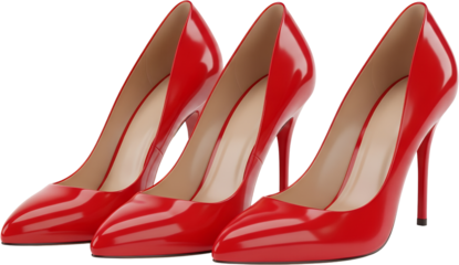 Three glossy red high heeled shoes arranged in a row side view isolate high heels fashion footwear glamour