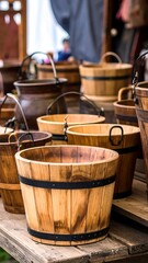 Wooden buckets displayed outdoors