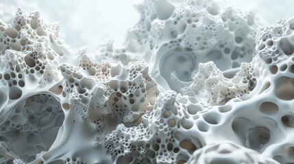 Abstract, porous, textured forms in light greys and whites