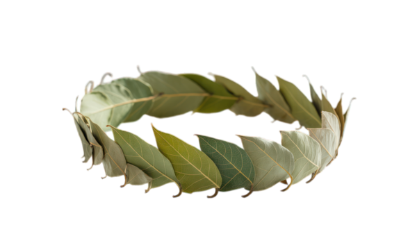 Bay leaf crown, circle shape, isolated on black. Wreath of dry leaves, olive-green