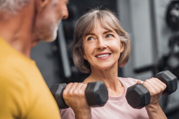 A man and woman exercise with dumbbells at a gym during the afternoon. The woman smiles while lifting weights, showing enthusiasm for staying active and healthy