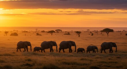 Elephant herd sunset savanna