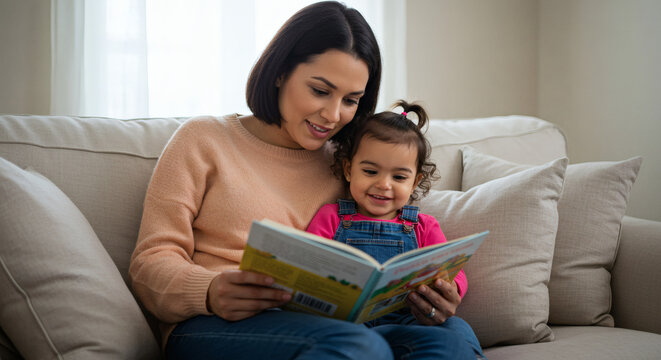 Mother and Daughter Reading a Book Together on the Sofa