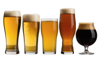 Five beers arranged by hue, from light yellow to dark brown