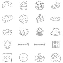 Grey outline icons arranged on black, featuring various baked goods and desserts in simple, graphic line art style