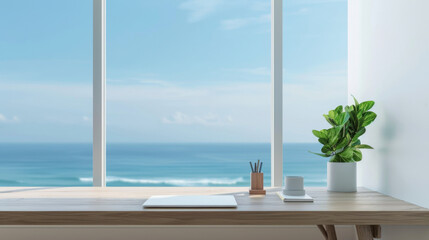 A minimalist desk overlooking the ocean, featuring stationery and a potted plant, creating a serene workspace that embodies tranquility and simplicity.