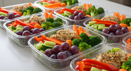 Healthy Meal Prep Containers with Balanced Portions of Chicken, Quinoa, Fresh Vegetables, and Grapes on a White Table