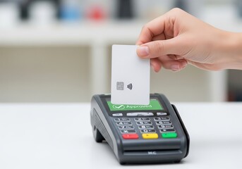 Customer hand holding a credit card for contactless payment at a terminal in a store shopping and transaction concept