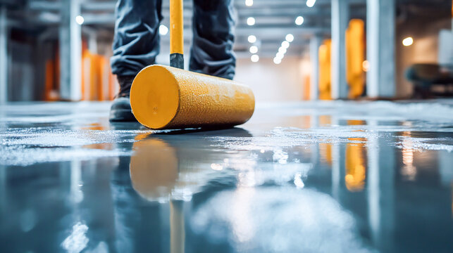 Installing epoxy flooring over pre-existing concrete with a roller and rubber spatula