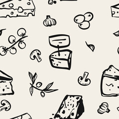 Cotton fabric Hand drawn cheese whimsical hand drawn food seamless pattern background. Ideal for food wrapping paper, product desk, box