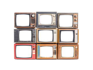 A stack of vintage and retro televisions with blank white screens
