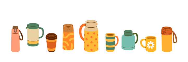 Collection of colorful thermoses and mugs in a row for hot and cold drinks travel coffee tea and beverage design