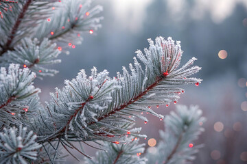Frosted pine needles with red lights winter nature