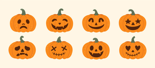 Set of eight halloween pumpkins with expressive faces spooky funny and happy emotions for festive autumn decoration and seasonal holiday design