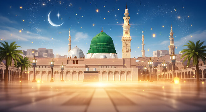 Elegant Milad Un Nabi Mubarak Islamic background banner with mosque Madina lanterns Mawlid Al Nabi crescent moon