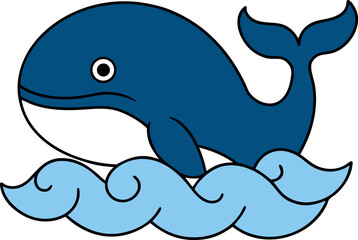 Smiling whale jumping out of the water with waves around it Vector illustration
