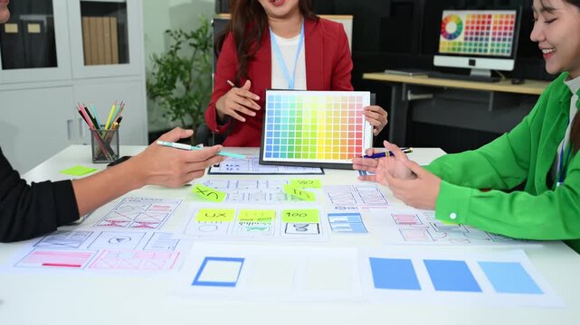 UX graphic designer planning application process development prototype wireframe for web smart phone. Creative digital development agency