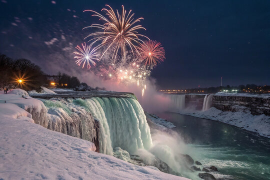 Frozen waterfall illuminated by fireworks winter snow - Powered by Adobe