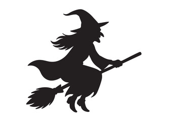 flying witch logo silhouette vector, witch on broom logo vector silhouette illustration, flying witch silhouette design, halloween flying witch on broom logo silhouette vector on white background