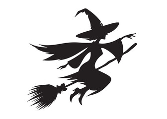 flying witch logo silhouette vector, witch on broom logo vector silhouette illustration, flying witch silhouette design, halloween flying witch on broom logo silhouette vector on white background
