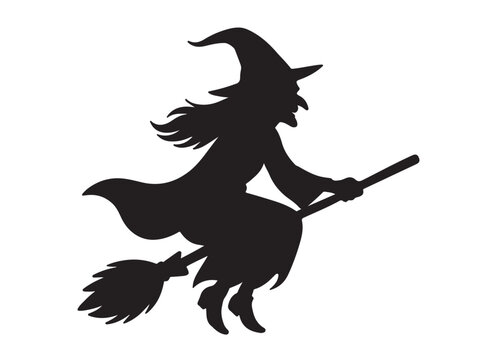 flying witch logo silhouette vector, witch on broom logo vector silhouette illustration, flying witch silhouette design, halloween flying witch on broom logo silhouette vector on white background - Powered by Adobe