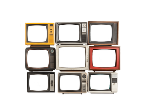 A stack of vintage and retro televisions with blank white screens
