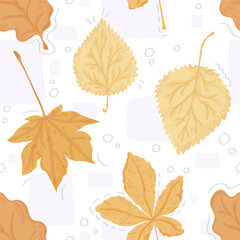 Cute falling leaves, geometric shapes and doodles elements on a white background. Autumn seamless pattern in warm colors. Vector fall season wallpaper.