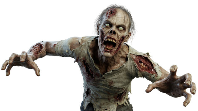 Zombie with decayed skin, open wounds, and torn clothes lunging forward isolated on white or transparent background.