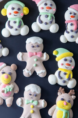 Christmas marshmallows. Winter candy. Sweet food in december. Snowman and Santa Claus