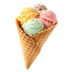 Delicious Ice Cream Cones Four Flavors Waffle Cone Summer Treat Isolated On Transparent Background