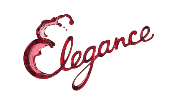 Elegance" in flowing red script with water-like texture, on a black backdrop