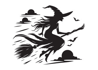 flying witch logo silhouette vector, witch on broom logo vector silhouette illustration, flying witch silhouette design, halloween flying witch on broom logo silhouette vector on white background